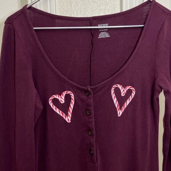PINK Victoria’s Secret Candy Cane Heart Onesie Pajama Burgundy Christmas Size S - Picture 5 of 11